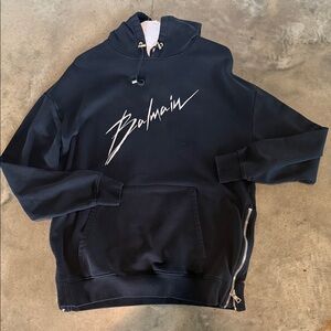 Authentic Balmain Black Hoodie with White Script Logo and Side Zippers